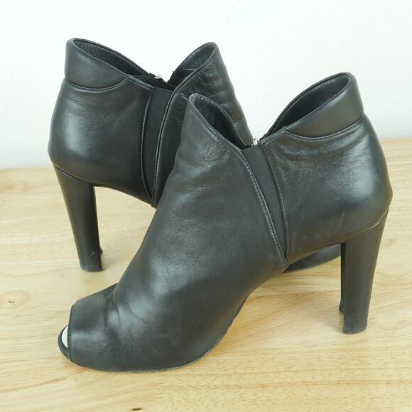Stuart Weitzman Size 10 Ankle Boot Peep Toe Side Zip Black Bootie Leather Heels - Picture 9 of 14